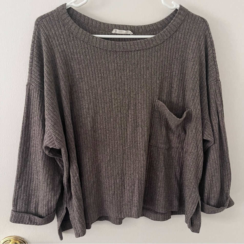 Lush Ribbed Pocket Sweater Rolled Sleeve Loose Fit Rayon Soft Small